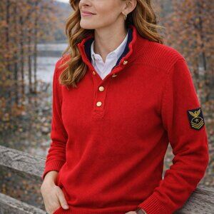 ❤️ Ralph Lauren Red Button-Neck Military-Style Sweater ❤️